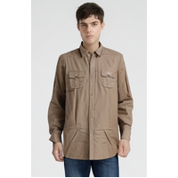 Mens Plain Slim 100% Cotton Long Sleeve Shirt Button Up Stylish Business Casual - Brown/Beige - L