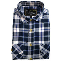 Mens Flannelette Shirt 100% Cotton Check Authentic Flannel Long Sleeve Vintage - White/Blue Denim - S