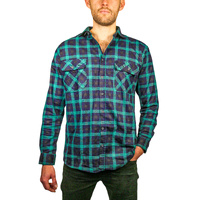 Mens 100% Cotton Flannelette Shirt Long Sleeve Check Authentic Flannel - Green/Navy - 9XL