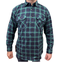 Mens Flannelette Long Sleeve Pullover Shirt 100% Cotton Flannel - Half Placket - Green/Navy - 7XL
