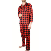 Mens Flannelette Pyjama Set Sleepwear Soft 100% Cotton PJs Two Piece Pajamas - Red - L