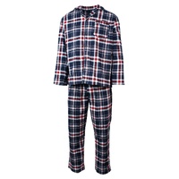 Mens Flannelette Pyjama Set Sleepwear Soft 100% Cotton PJs Two Piece - Navy/Red Check - S