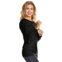 Womens Thermal Top w/ Brushed Interior Warm Winter Fleece Baselayer - Black - L