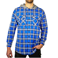 Mens Cotton Flannelette Shirt w Jersey Hood Long Sleeve Flannel - Spanish Blue - M