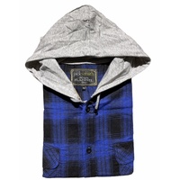 Mens Cotton Flannelette Shirt w Jersey Hood Long Sleeve Flannel - Royal Blue - S