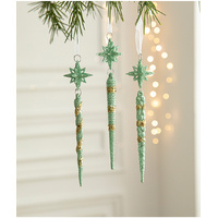 Green Glitter Icicle Christmas Ornaments with Star Tops - Set of 3 Hanging Decorations（5 set in total）