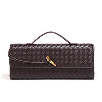 Chocolate Luxury Woven PU Leather Clutch - Elegant Women&#39;s Evening Baguette Bag with Adjustable Shoulder Strap