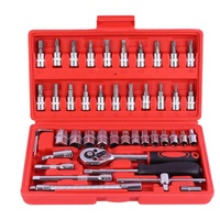 46-Piece Professional Socket Wrench Set - 1/4 Drive, Chrome Vanadium Steel, Ratchet &amp; Bit Kit for Automotive and Household Repairs Red Box