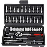 46-Piece Professional Socket Wrench Set - 1/4 Drive, Chrome Vanadium Steel, Ratchet &amp; Bit Kit for Automotive and Household Repairs Black Box
