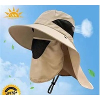 khaki Outdoor UV Protection Hat for Men - Detachable Face &amp; Neck Shield, Large Brim Sun Hat for Fishing, Hiking, and Outdoor Activities