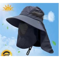 Navy Blue Outdoor UV Protection Hat for Men - Detachable Face &amp; Neck Shield, Large Brim Sun Hat for Fishing, Hiking, and Outdoor Activities