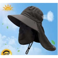 Black Outdoor UV Protection Hat for Men - Detachable Face &amp; Neck Shield, Large Brim Sun Hat for Fishing, Hiking, and Outdoor Activities