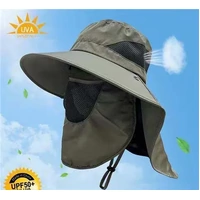 Military Green Outdoor UV Protection Hat for Men - Detachable Face &amp; Neck Shield, Large Brim Sun Hat for Fishing, Hiking, and Outdoor Activities