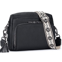 Black Vintage Multi-Zip Crossbody Bag with Card Slots and Adjustable Strap, Minimalist Solid Color Shoulder Bag