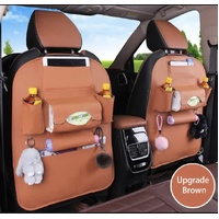 Chocolate Leather Car Backseat Organizer with Foldable Tray Table &amp; Trash Bag - Multi-functional Car Storage Solution