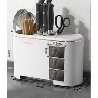 White All-in-One Kitchen Knife and Utensil Holder - Multi-Functional Organizer with Storage Drawers