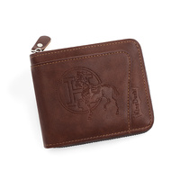 Dark Brown Men&#39;s Leather Wallet with Zipper and Horse Embossed Design -  Compact and Stylish
