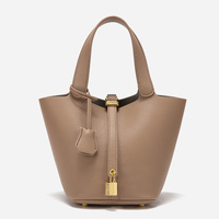Grey Elegant Women&#39;s Leather Tote Handbag with Gold Lock Detail
