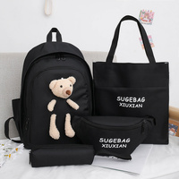 Black Cute Little Bear Girls' Backpack Set - Korean Style Large Capacity School Bag for High School &amp; Middle School Students, 4-Piece Set