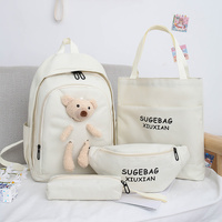 White Cute Little Bear Girls' Backpack Set - Korean Style Large Capacity School Bag for High School &amp; Middle School Students, 4-Piece Set