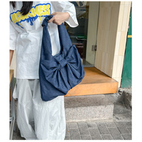 Dark Blue Women's Bowknot Shoulder Bag - New Sweet Style, Large Capacity Canvas Tote Bag, Commuter Single Shoulder Handbag