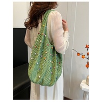 Green Summer Woven Handbag - Hollow Straw Beach Tote with Colorful Beads, Lazy Style, Large Capacity Shoulder Bag for Vacation