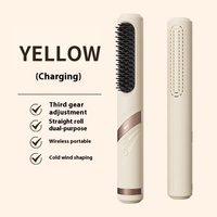 Yellow Portable USB Rechargeable Cold Wind Ionic Hair Straightening Brush, Multi-Functional Hair Straightener and Curler, Lightweight and Travel-Frien