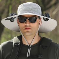 Light Gray Solar-Powered Cooling Wide Brim Hat - USB Rechargeable Dual Fan Fisherman Cap - UPF50+ Sun Protection and Quick-Dry Design for Men and Wome