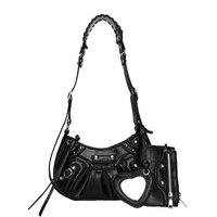 Black Vintage Rivet Crescent Moon Bag with Card Holder &amp; Mirror, French Retro PU Leather Shoulder &amp; Crossbody Motorcycle Bag for Women