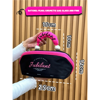 Black Patchwork Pink Portable Waterproof Color Block Makeup Bag with Pearl Handle, Large Capacity Cosmetic Storage Organizer for Travel and Daily Use