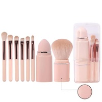 Pink 8-in-1 Retractable Mini Makeup Brush Set with Protective Cover - Compact Design for Travel and On-the-Go Touchups