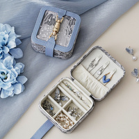 Blue Portable Vintage Embossed Jewelry Box - Flip-Top Necklace, Ring, and Earring Organizer with Elegant Design(The Jewelry is a prop for the photo sh
