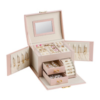 Light Pink Luxury PU Leather Jewelry Storage Box - 3-Tier Organizer with Mirror for Necklaces, Earrings, and Rings(Jewelry is a photo prop and is not 