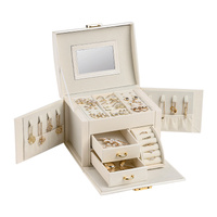 White Pink Luxury PU Leather Jewelry Storage Box - 3-Tier Organizer with Mirror for Necklaces, Earrings, and Rings(Jewelry is a photo prop and is not 