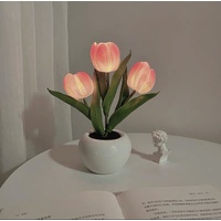 Pink Flowers USB Tulip Night Light - Bedroom Decor Table Lamp with PU Flowers &amp; Ceramic Pot, Perfect Gift for Family &amp; Friends