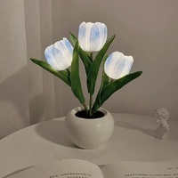 Blue Flowers USB Tulip Night Light - Bedroom Decor Table Lamp with PU Flowers &amp; Ceramic Pot, Perfect Gift for Family &amp; Friends