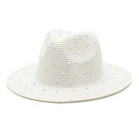 White Women&#39;s Wide-Brim Straw Hat with Rhinestones - Elegant and Breathable Sun Hat for Summer Outdoors,M(56-58cm)