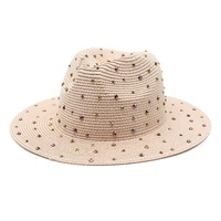 Pink Women&#39;s Wide-Brim Straw Hat with Rhinestones - Elegant and Breathable Sun Hat for Summer Outdoors,M(56-58cm)