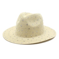 Beige Women&#39;s Wide-Brim Straw Hat with Rhinestones - Elegant and Breathable Sun Hat for Summer Outdoors,M(56-58cm)