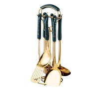 Dark Green Gold Stainless Steel Kitchen Utensil Set - 7-Piece Golden Cooking Tools with Stand