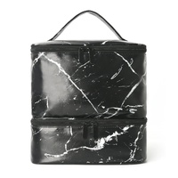 Black Marble Double-Layer PU Nail Polish Storage Case with High Capacity for Essential Oils and Nail Lamp - Portable &amp; Adjustable