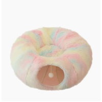 Rainbow Luxury Plush Cat Bed with Hidden Tunnel - Soft Round Pet Bed for Cats and Small Dogs