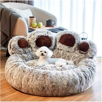 Diameter 90cm Grey Plush Dog Bed with Paw Design - Ultra Soft Round Pet Sofa for Medium to Large Dogs