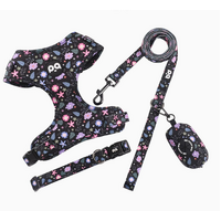 M Crushed Black Adjustable Soft Pet Harness with Leash &amp; Poop Bag Dispenser