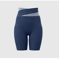 L Blue Color-Block High-Waist Yoga Shorts - Seamless Scrunch Butt Anti-Chafing Workout Shorts