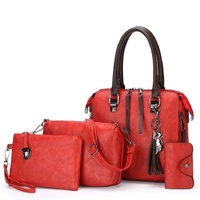 Red 4-Piece Women&#39;s PU Leather Tote Bag Set - Vintage Handbag, Shoulder Bag, Clutch, and Card Holder - Lightweight Design