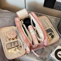 Pink Large Capacity Makeup Organizer Bag - Travel-Friendly Double-Zip Cosmetic Storage Case for Women(Makeup items are shooting props and are not incl