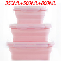 3-piece Set Pink Collapsible Silicone Food Storage Containers Set - 350ML, 500ML, 800ML | BPA-Free, Microwave, Dishwasher &amp; Freezer Safe | Foldable &amp; 