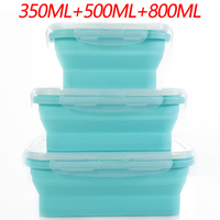 3-piece Set Blue Collapsible Silicone Food Storage Containers Set - 350ML, 500ML, 800ML | BPA-Free, Microwave, Dishwasher &amp; Freezer Safe | Foldable &amp; 