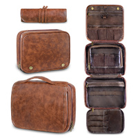 Reddish Brown Luxury PU Business Travel Toiletry Bag – Large Capacity Waterproof Makeup Organizer with Dividers – Portable &amp; Stylish Bathroom Storage